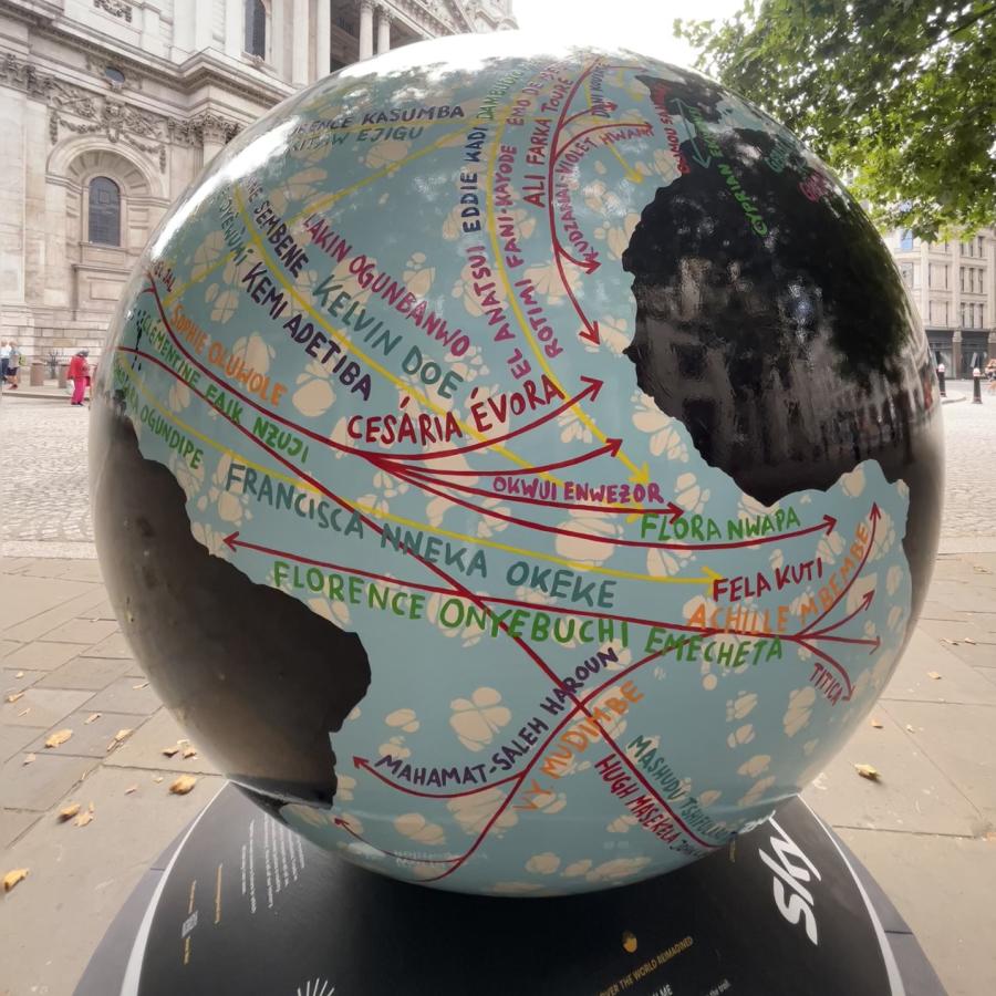 globe with names of notable diasporan Africans